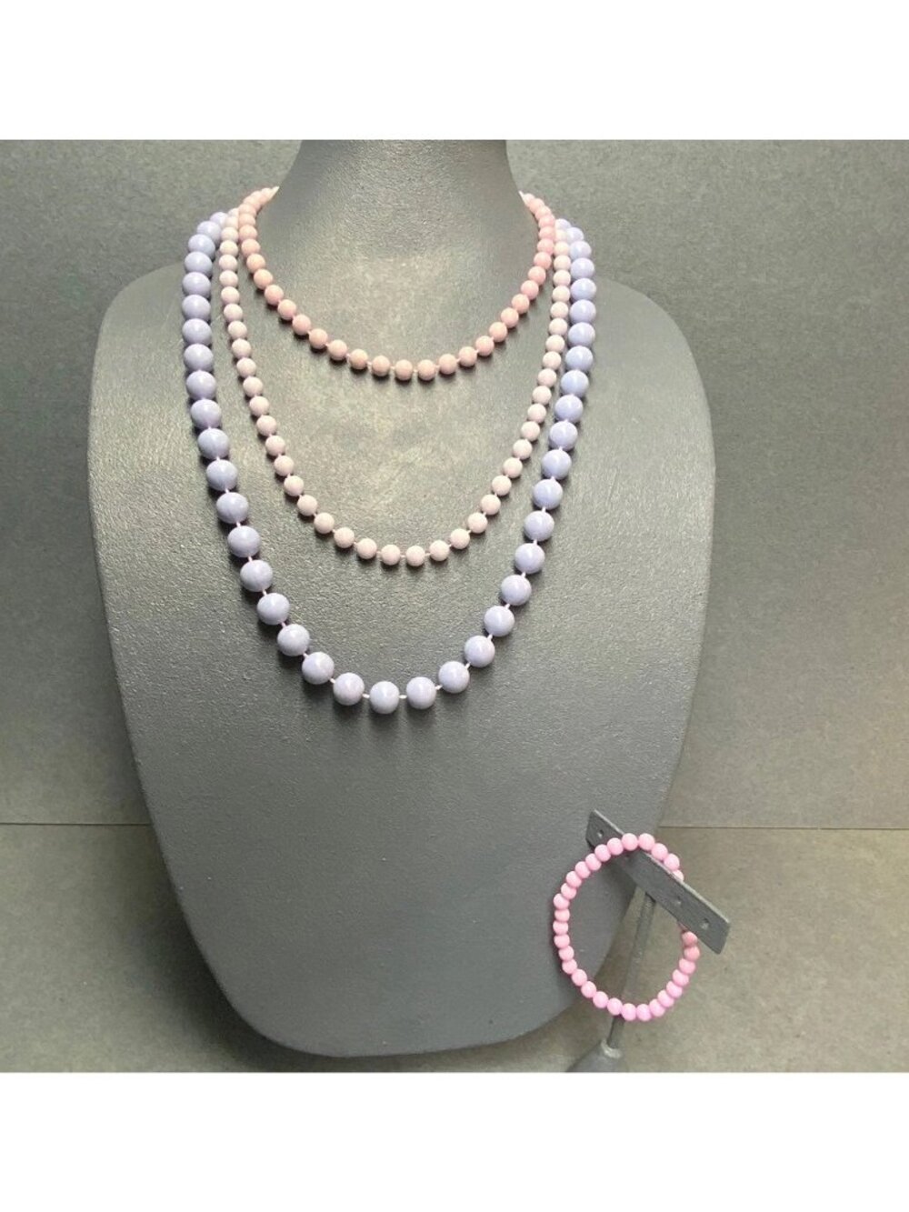 3 Beaded Necklaces Stretch Bracelet 28 In Periwinkle Lavender Orchid Pink Retro